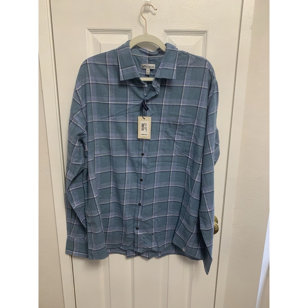 NWT PETER MILLAR Tranquil Blue Brookside Plaid Long Sleeve Cotton Men's Shirt XL